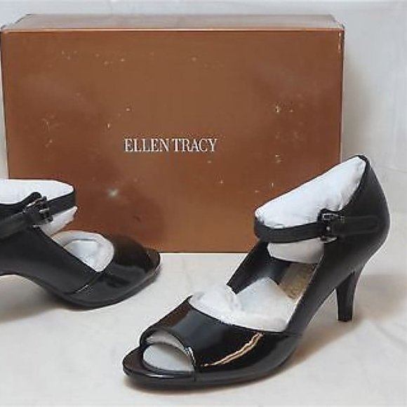 ELLEN TRACY Women's Faith Open Toe Pumps - Black Leather- - Picture 1 of 4